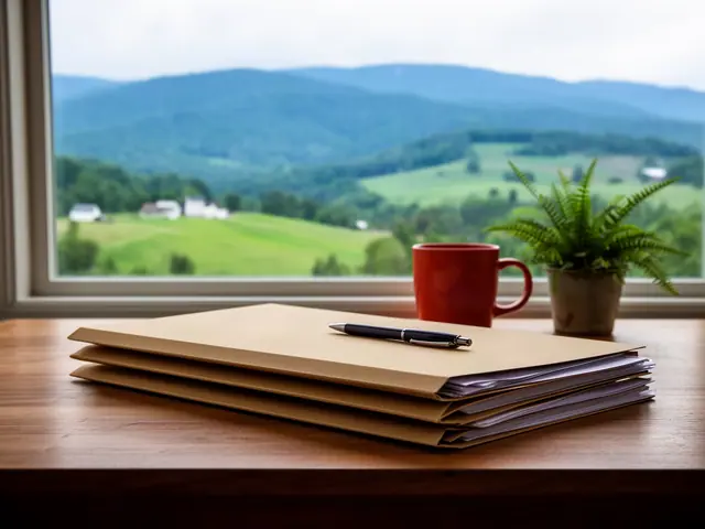 Closed kraft folders with a pen on a desk by a window onto green East Tennessee hills.