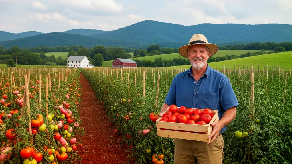 A smiling farmer in a straw hat holds a crate of ripe tomatoes among staked rows, green hills and a red barn behind him.