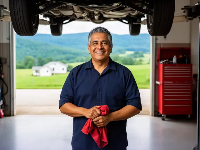 A smiling mechanic with a red rag beneath a car on a lift, green hills through the bay door.