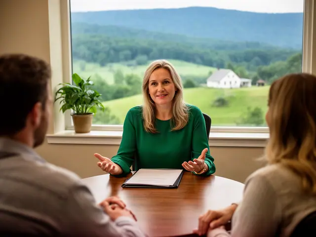 An insurance agent explains coverage to a client couple across a round table with green hills outside.